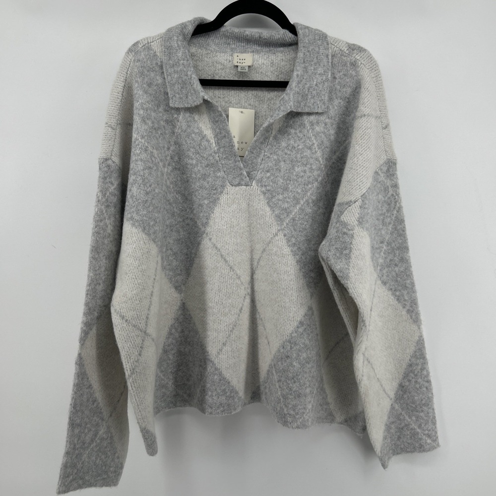 NWT A New Day Grey Argyle Collared Polo Sweater Size XXL Oversized Preppy Retro